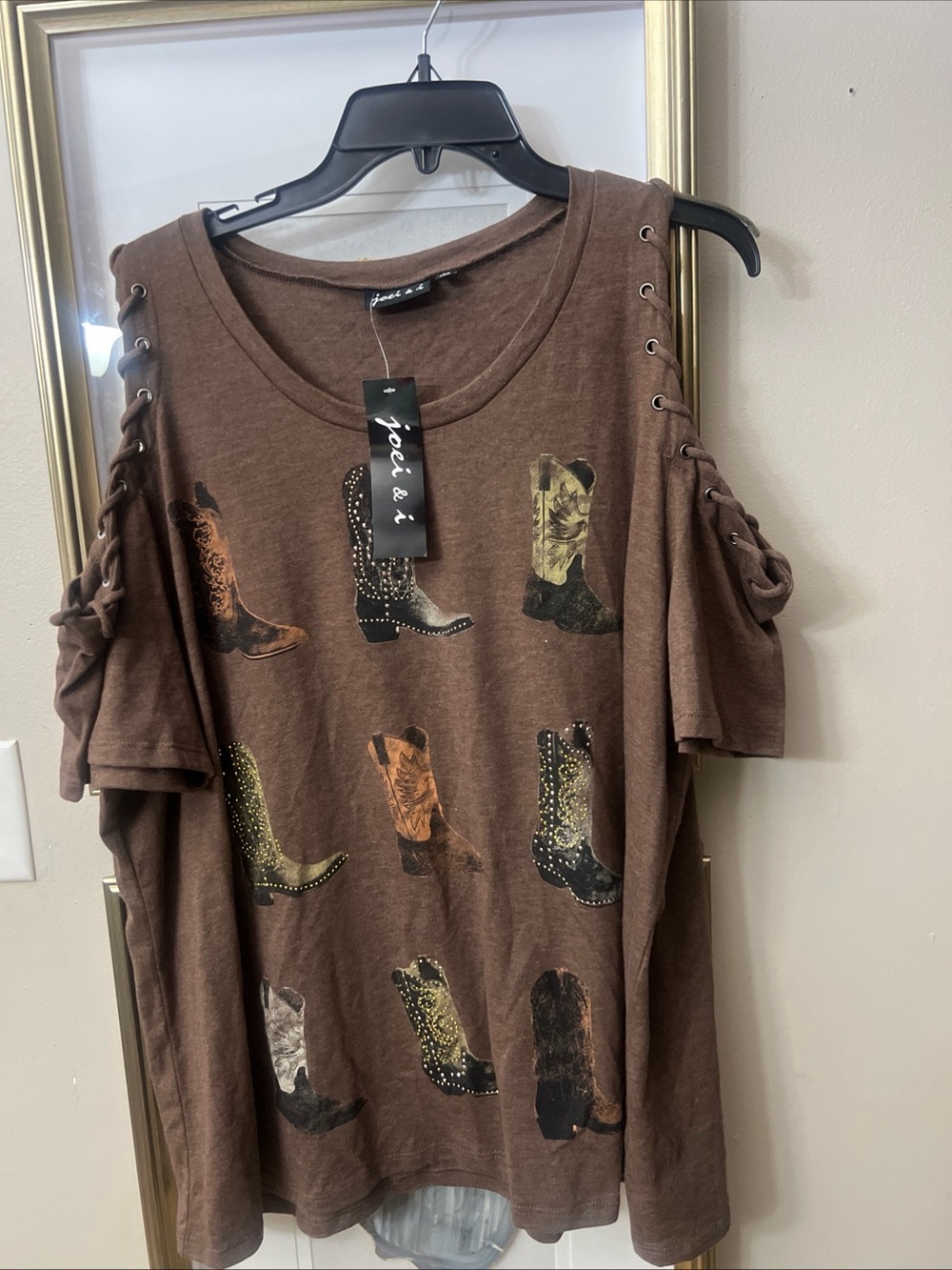 NWT JOEI & I WOMENS GRAY EMBELLISHED COWBOY BOOTS T SHIRT FRINGE/RHINESTONES 2X